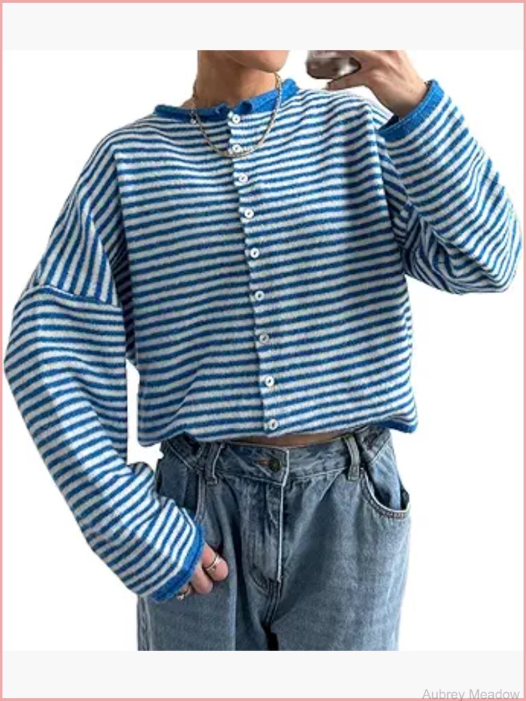 Striped Button Down Cardigan Long Sleeve Crop Sweater Cute Knitwear Fall